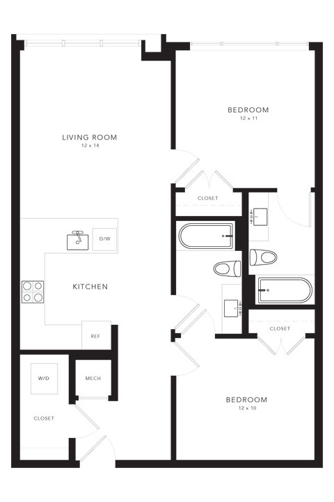 Floor plan for 2 beds, 2 baths, 788 sqft